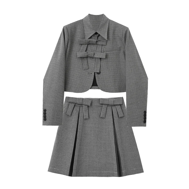 Spring Autumn Plaid Two-Piece Suit Women Turn-Down Collar Bow Jacket A-Line Skirt Set Fashion Casual Single-Breasted Outerwear
Spring Autumn Plaid Two-Piece Suit Women Turn-Down Collar Bow Jacket A-Line Skirt Set Fashion Casual Single-Breasted Outerwear