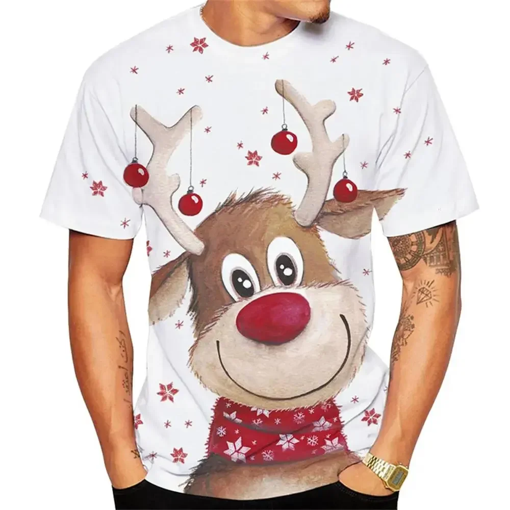 

New Christmas Elk Print T Shirt For Men X'mas Harajuku Streetwear Fashion O-neck Short Sleeve Haapy New Year Gift Oversized Tops