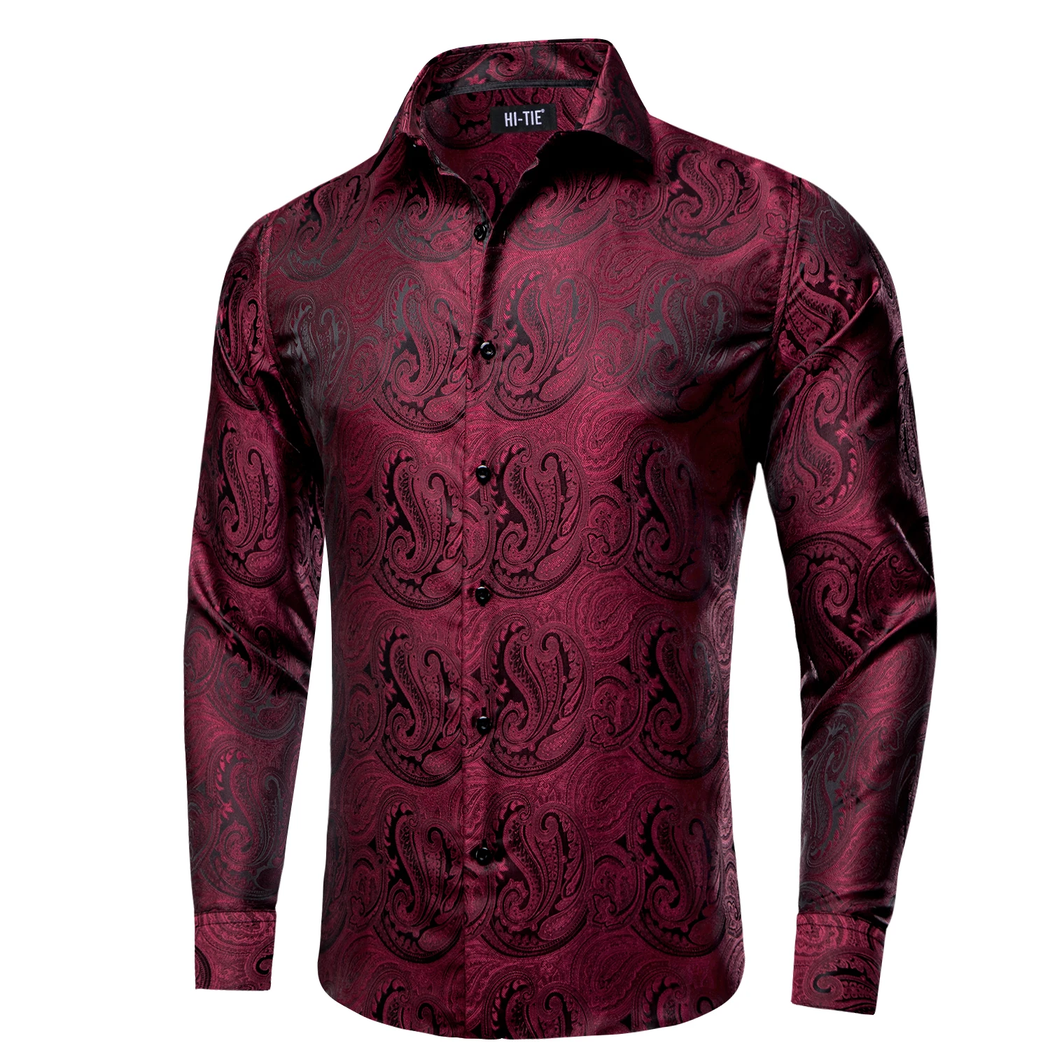 

Hi-Tie Classic Red Mens Shirts Long Sleeve Paisley Silk Turndown Collar High Quality Shirt for Male Business Wedding Party Gifts