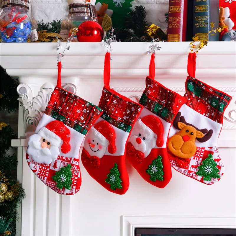 

Christmas Stockings Fabric Santa Claus Sock Gift Kids Candy Bag Snowman Deer Pocket Hanging Xmas Tree Ornament New Year 2023
