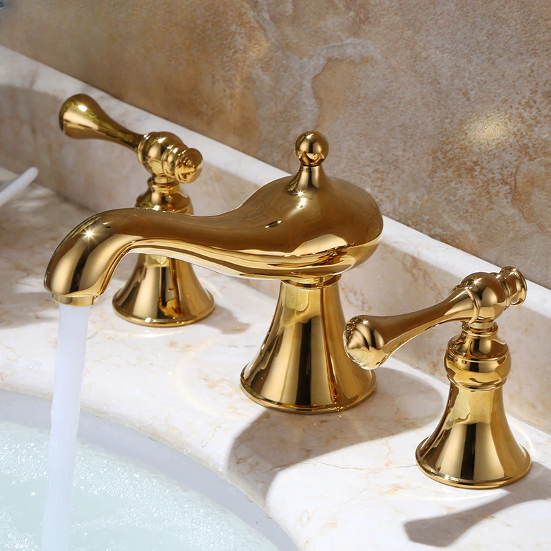 All-copper gold three-hole hot and cold faucet split 8-inch double-handle washroom basin
All-copper gold three-hole hot and cold faucet split 8-inch double-handle washroom basin