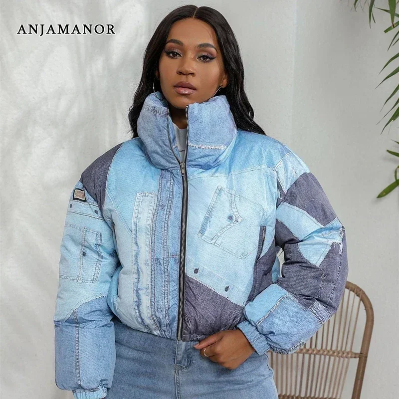 

ANJAMANOR Blue Denim Printed Puffer Jacket Zip Up Thick Warm Outerwears Street Fashion Woman Coats Winter 2023 D48-FF65