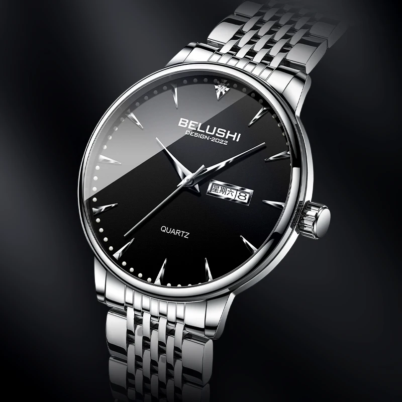 

BELUSHI 2024 New Mens Fashion Watches Top Brand Luxury Stainless Steel Casual Quartz Watch week calendar Waterproof Clock watch