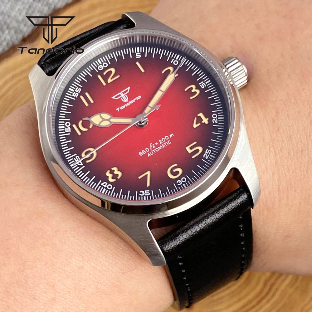 

Tandorio Diver 39mm Men's Automatic Pilot Watch 20bar AR Sapphire Crystal Luminous Red Dial NH35A PT5000 Mechanical Wristwatch