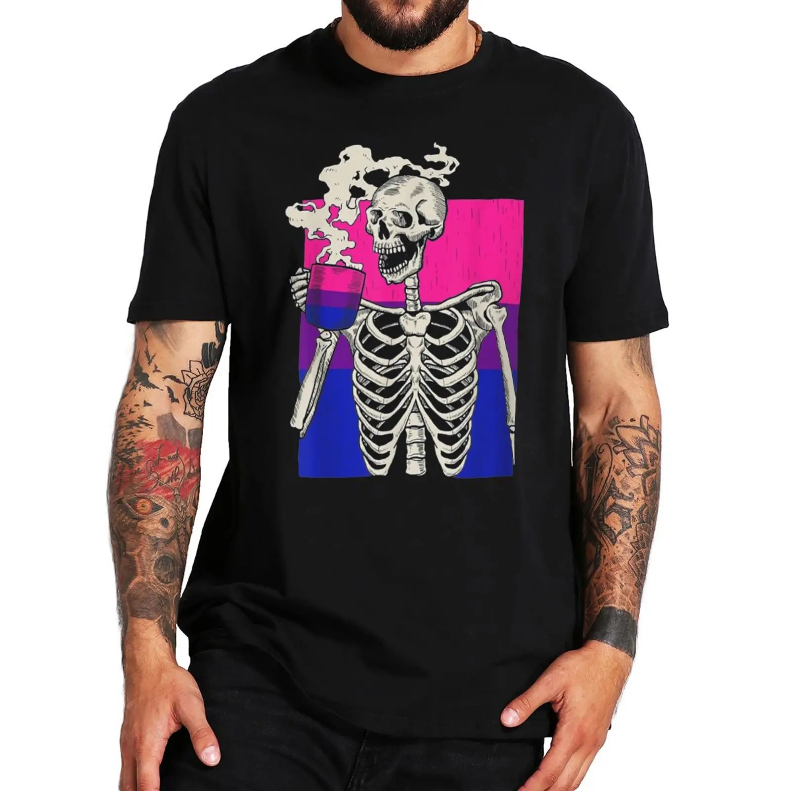 

Skeleton Drinking Coffee LGBT-Q Retro Tshirt Bisexual Pride Flag Funny T Shirt For Men Women 100% Cotton EU Size