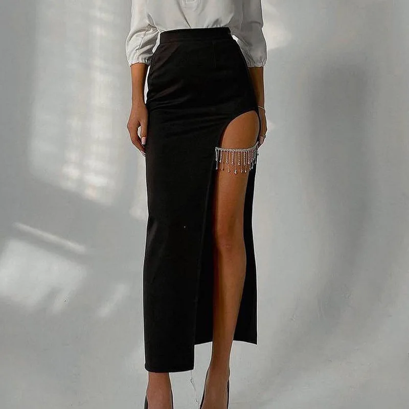 Ardm Elegant High Waist Split With Chain Black Midi Skirt Women Sexy Asymmetry Bodycon Summer Office Ladies Knitted Party Skirts
Ardm Elegant High Waist Split With Chain Black Midi Skirt Women Sexy Asymmetry Bodycon Summer Office Ladies Knitted Party Skirts