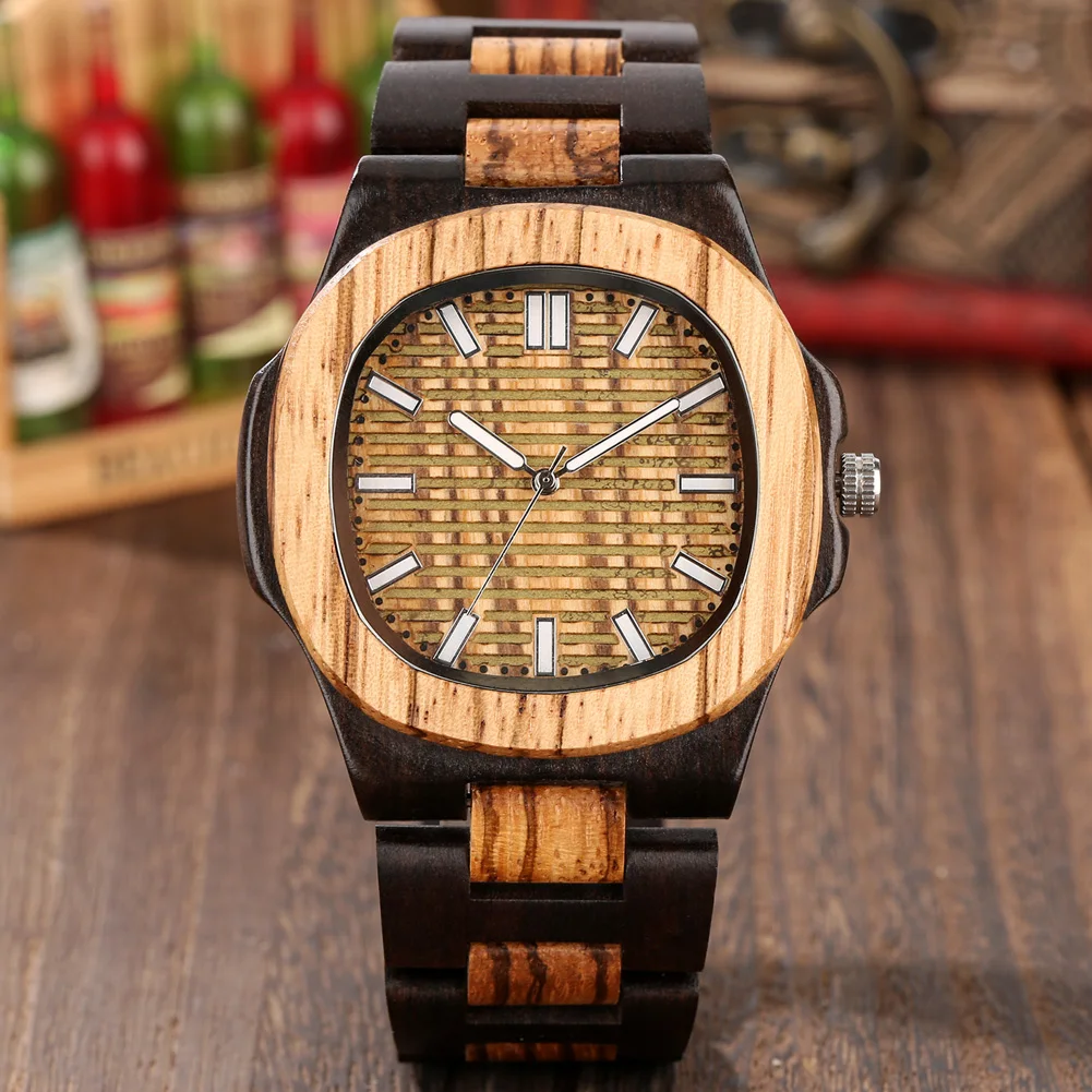 

Ebony Zebrawood Men's Quartz Wristwatch Folding Clasp Full Wooden Watch Band Stylish Man Clock Minimalist Dial Casual Watches