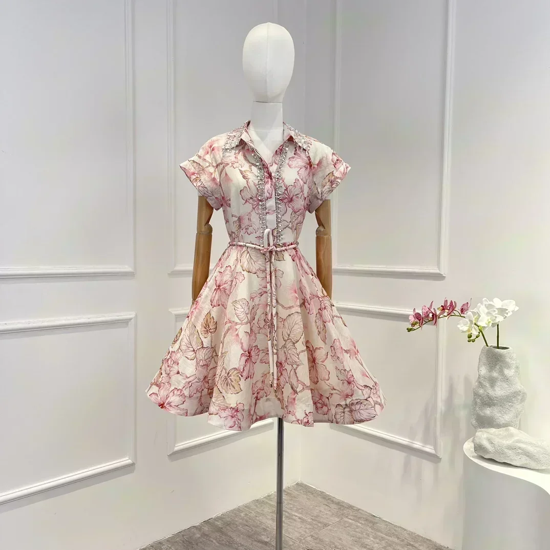 

Женское льняное шелковое мини-платье, элегантное винтажное платье розового цвета с цветочным принтом и поясом, лето 2023