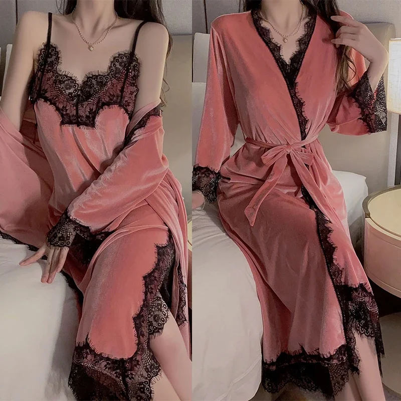 

Long Velour Nightgown Cami Sexy Robe Bathrobe Pink Warm Set Loungewear Kimono Suit Winter Women Sleepwear Homewear Robe