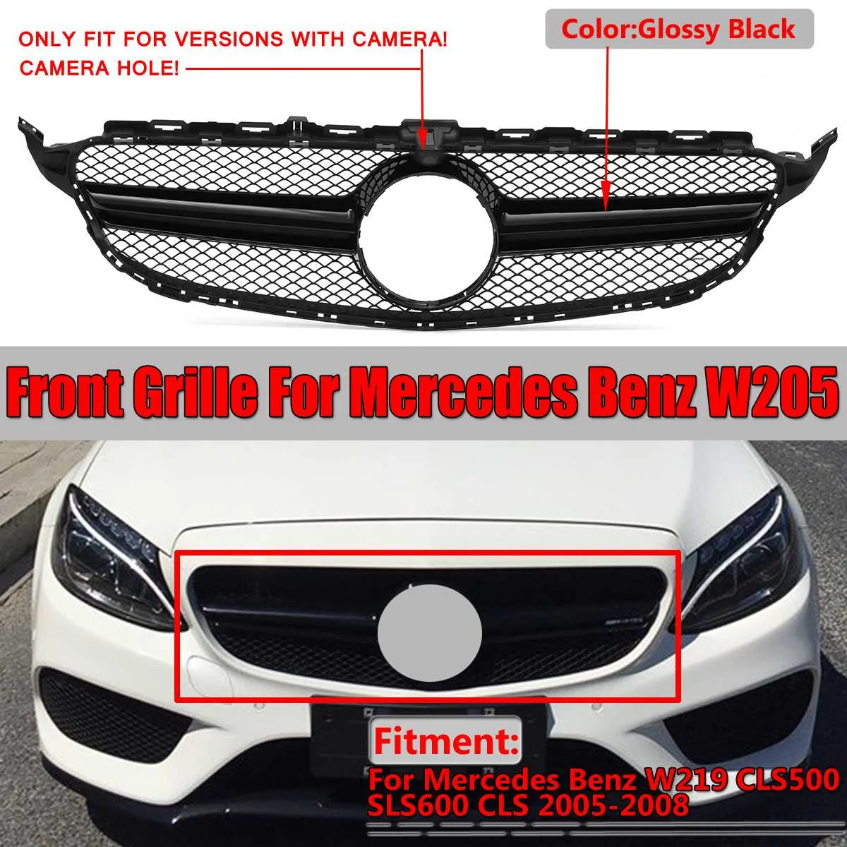 

Front Bumper Grille For Mercedes For Benz w205 C200 C250 C300 C350 Glossy Black 2015-2018 Upper Grille Grill with Camera