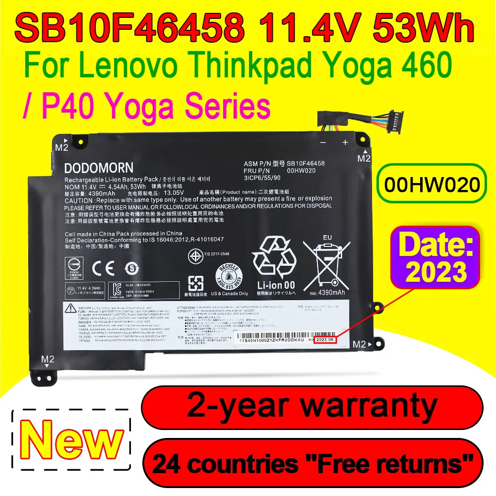 

11.4V 53Wh 00HW020 Laptop Battery For Lenovo ThinkPad P40 Yoga/460 Yoga 00HW021 SB10F46458 SB10F46459 3ICP6/55/90 4390mAh