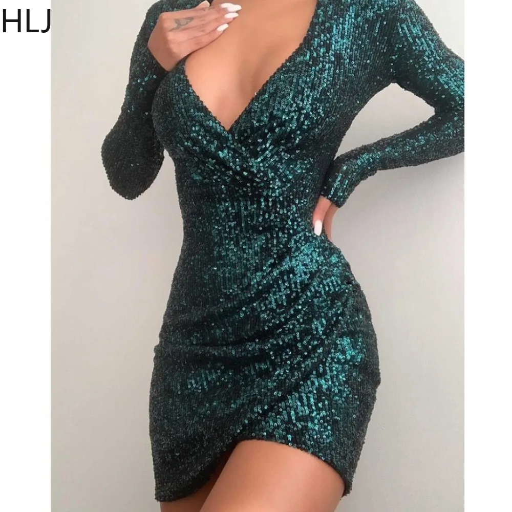 

HLJ Sexy Deep V Sequin Ruched Bodycon Mini Dresses Women Long Sleeve Irregular Vestidos Fashion Female Party Club Clothing 2024