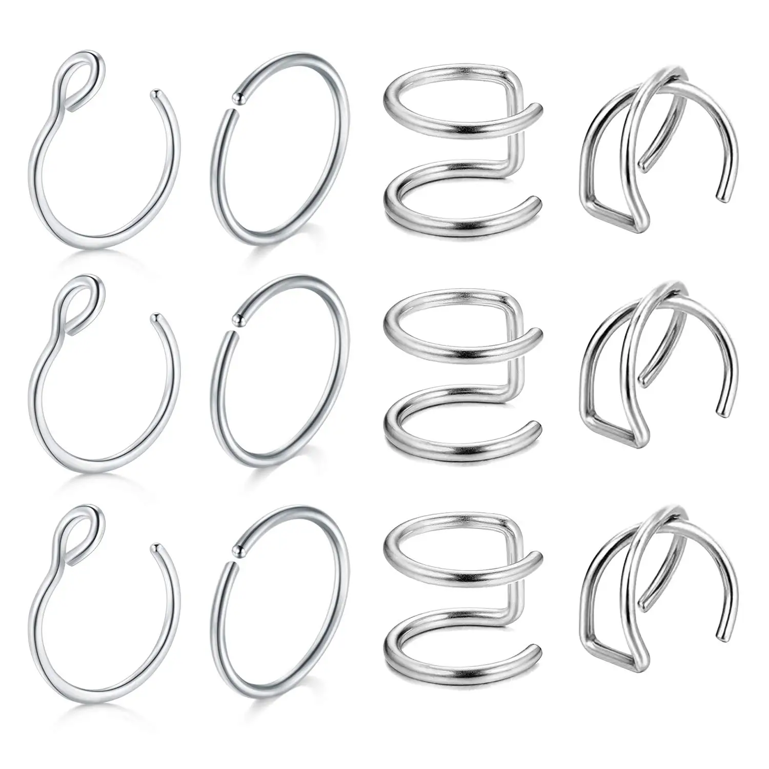 

12pcs 20G Woman False Lip Ring Cartilage Earring Silver Rose Gold Ear Cuff Non Perforated Clip Style Artificial Nose Ring 8mm