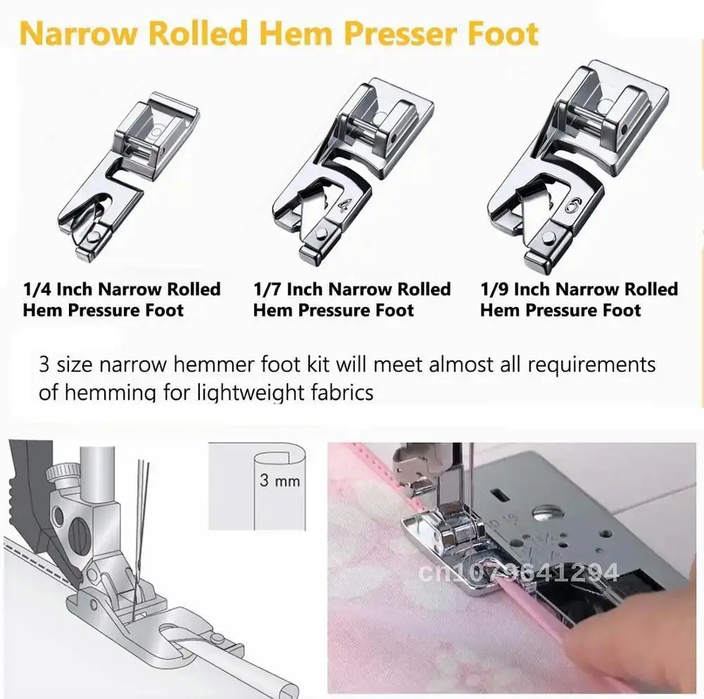 

Household Sewing Accessories 3mm, 4mm, and 6mm Sewing Tools - 3PCS Set of Narrow Rolled Hem Sewing Machine Presser Foot - 7YJ333