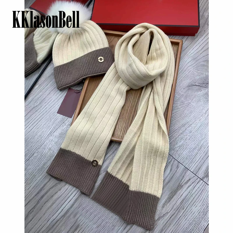 

11.23 KKlasonBell Fashion Contrast Color Knitted Wool Pompom Beanies + Scarf 2 Piece Set Women