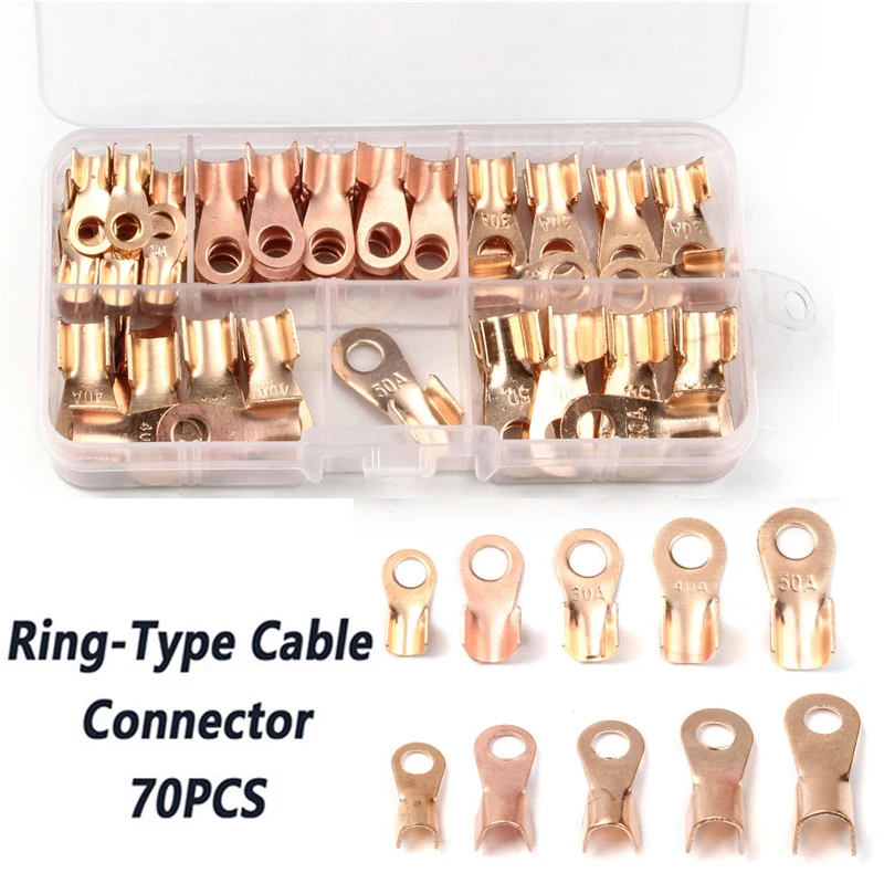 

70pcs 10A/20A/30A/40A/50A Ring Terminal Cable Wire Connector Non-insulated Bare Terminal Copper Lugs Crimp Terminals Set