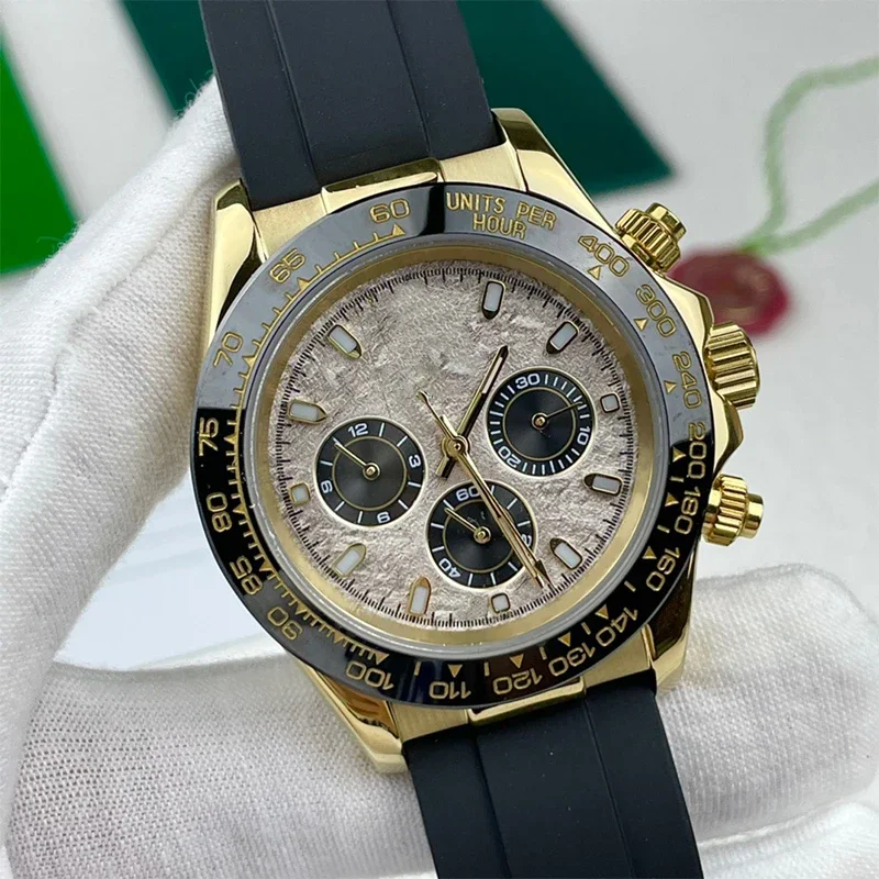 2023 New Luxury Men's Watch Three Eyes Automatic Mechanical Meteorite Face WristWatch Gold Black Rubber Ceramic Bezel
2023 New Luxury Men's Watch Three Eyes Automatic Mechanical Meteorite Face WristWatch Gold Black Rubber Ceramic Bezel