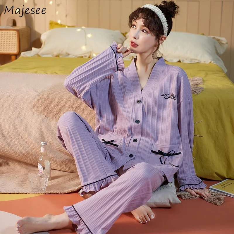 

Pajama Sets Women Elegant Lovely Girls Home Wear Breathable Ulzzang Solid Bow Students Simple Spring Fashion Mujer Cozy Hot Sale
