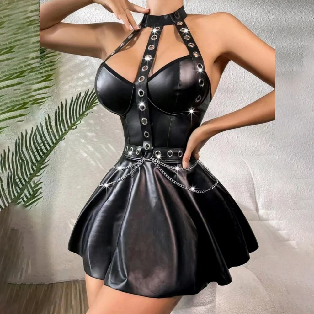 Womens Sexy Wet Look Bound Punk Rivet Short Dress PU Lacquer Leather Punk Dress Night Party Club Wear Uniform Ladies Dress
Womens Sexy Wet Look Bound Punk Rivet Short Dress PU Lacquer Leather Punk Dress Night Party Club Wear Uniform Ladies Dress