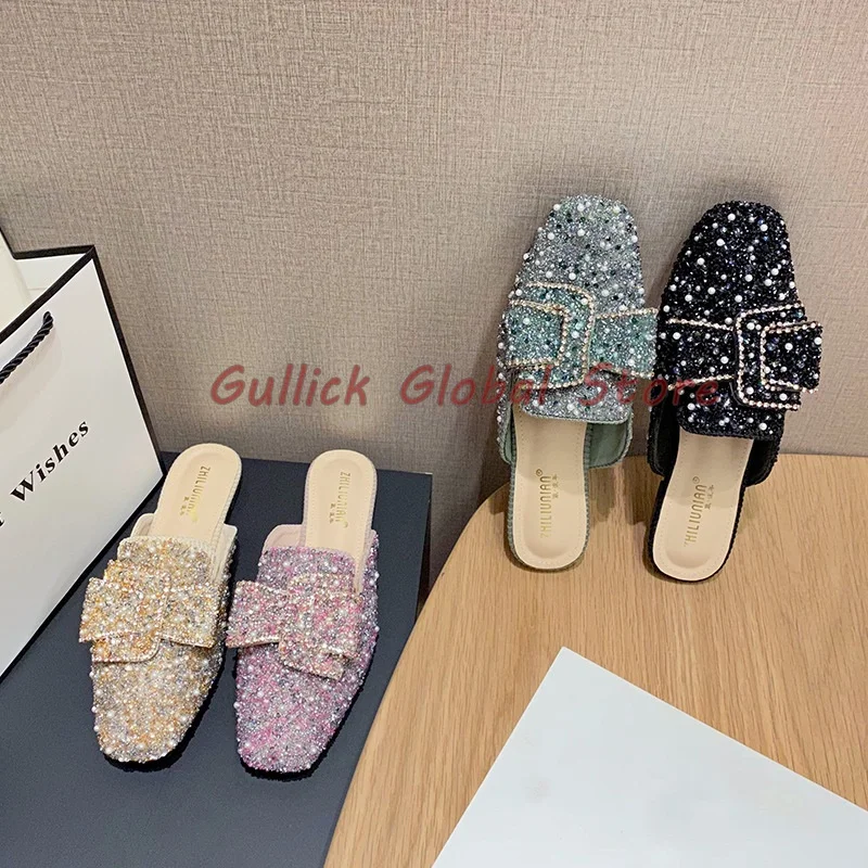 

2024 New Arrival Luxury Square Toe Shallow Rhinestone Shallow Wrapped Toe Butterfly Knot Slippers Summer Dress Sweet Luxury Soft