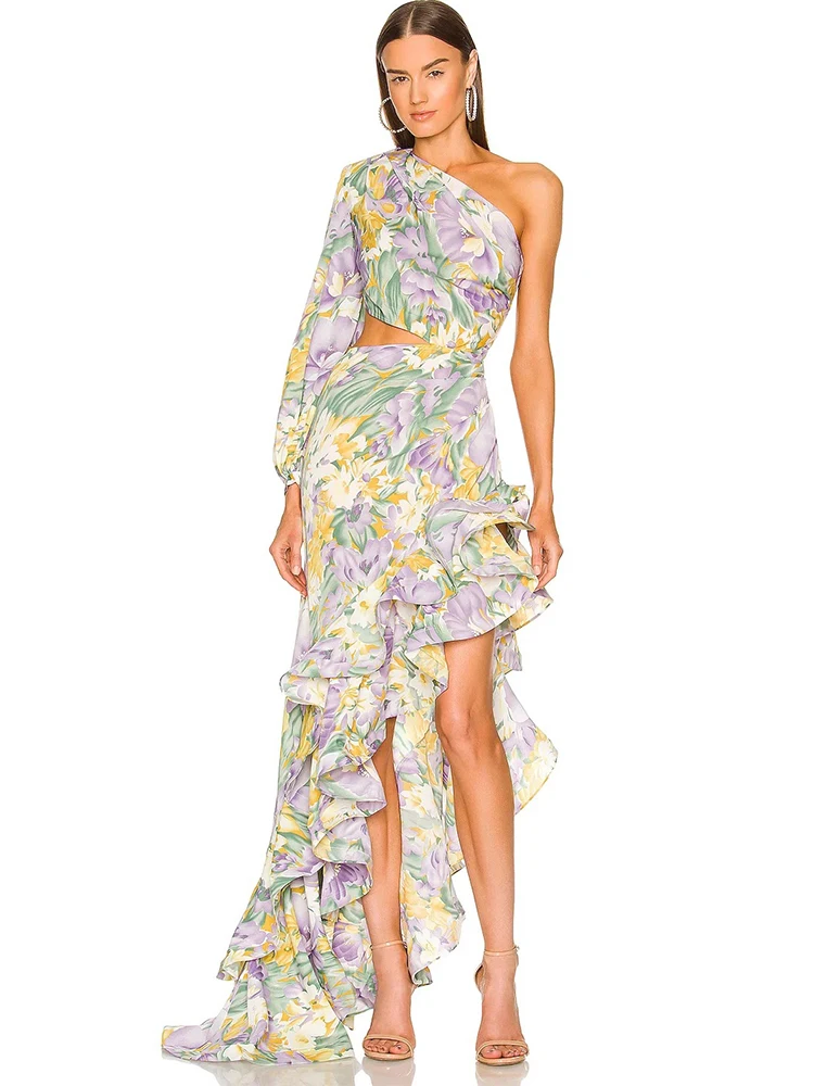 Designer Floral Dress Sexy Slanted One Shoulder Female Slim Waist Cut Out Lotus Leaf Irregular Ruffle Long Women's Summer Dress
Designer Floral Dress Sexy Slanted One Shoulder Female Slim Waist Cut Out Lotus Leaf Irregular Ruffle Long Women's Summer Dress