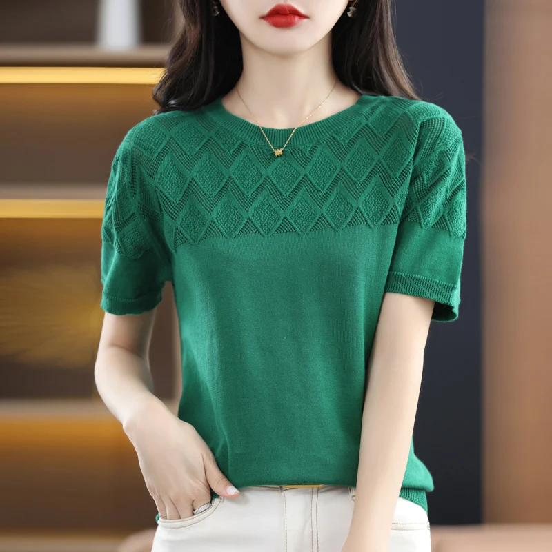 Pure cotton thread knitted short-sleeved T-shirt women's round neck pullover vest cotton thread loose casual short top summer
Pure cotton thread knitted short-sleeved T-shirt women's round neck pullover vest cotton thread loose casual short top summer