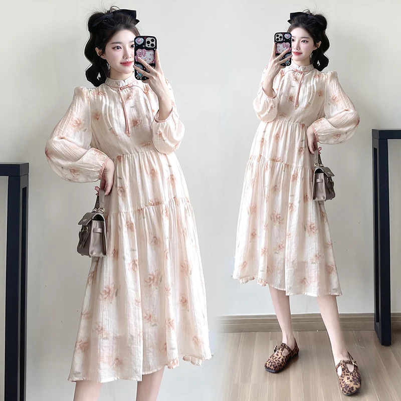 2025 Spring Autumn Maternity Floral Dress Ruffled Stand Collar Long Sleeve Pregnancy Chiffon Dress Sweet Fashion Pleated Shirts 5 S7af85badabfc495a8c194213a661c3f27