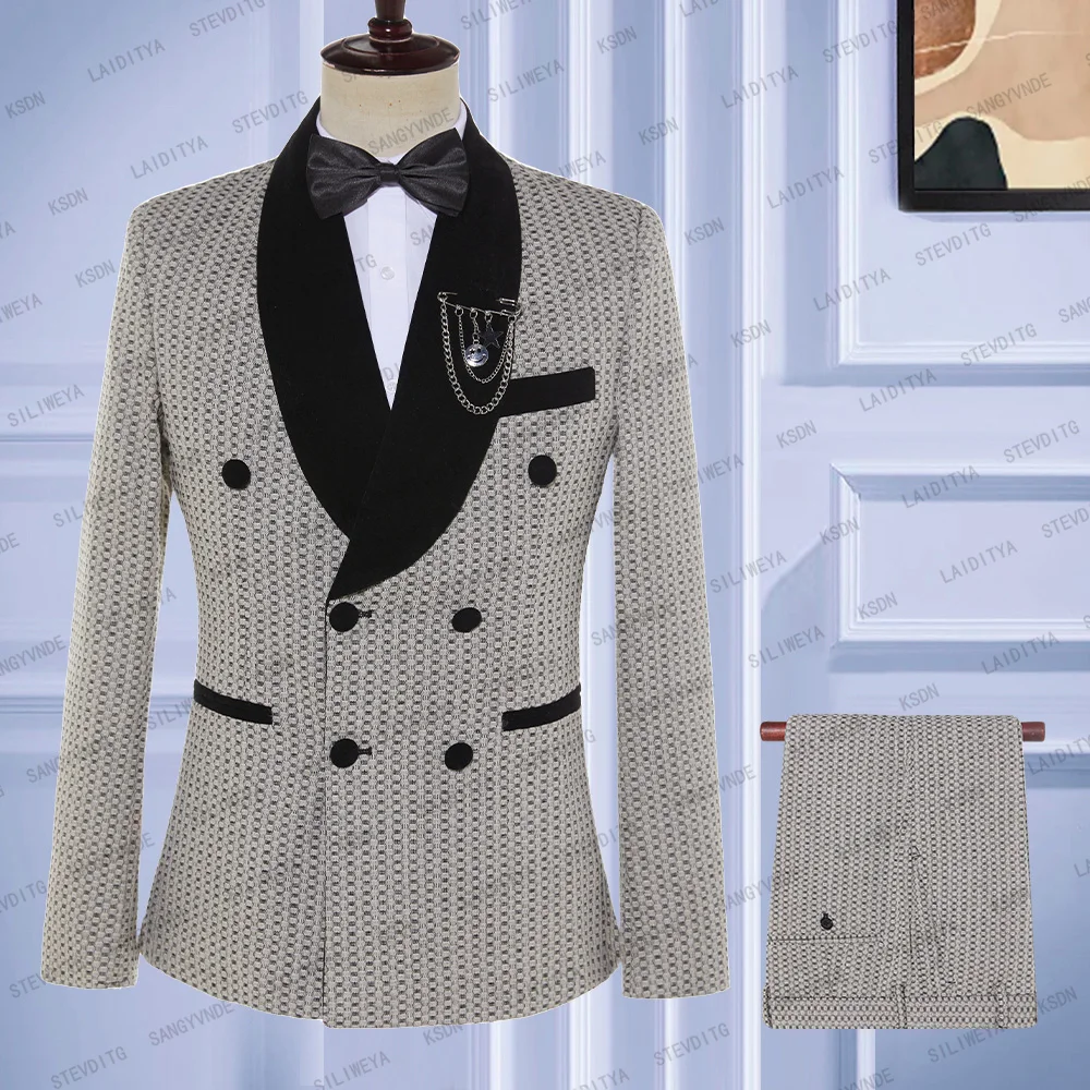 

2023 New Men's Casual Boutique Business Khaki Black Velvet Lapel Dots Suits Male Blazers Jacket Pants 2 Pcs Set Terno Masculino