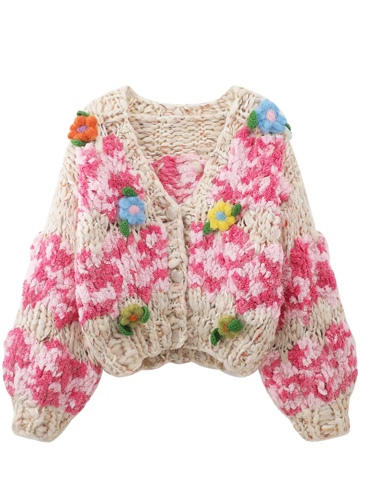 

Relaxed sense of high quality spring new niche designer brand lazy three-dimensional hook flower sweater sweater cardigan coat