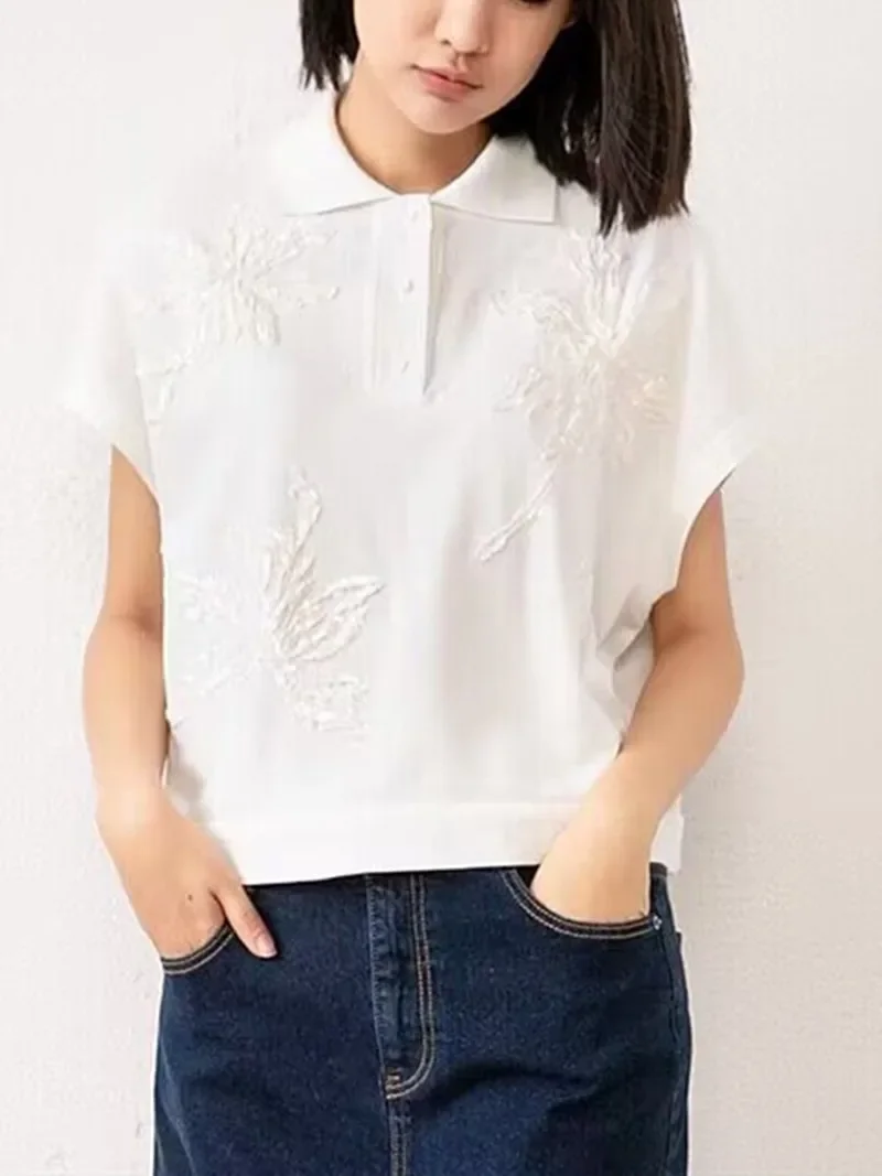 Women's T-Shirt 2023 New Summer Sequin Embroidered Turn-Down Collar Loose Casual Drop Shoulder Sleeve Tee
Women's T-Shirt 2023 New Summer Sequin Embroidered Turn-Down Collar Loose Casual Drop Shoulder Sleeve Tee