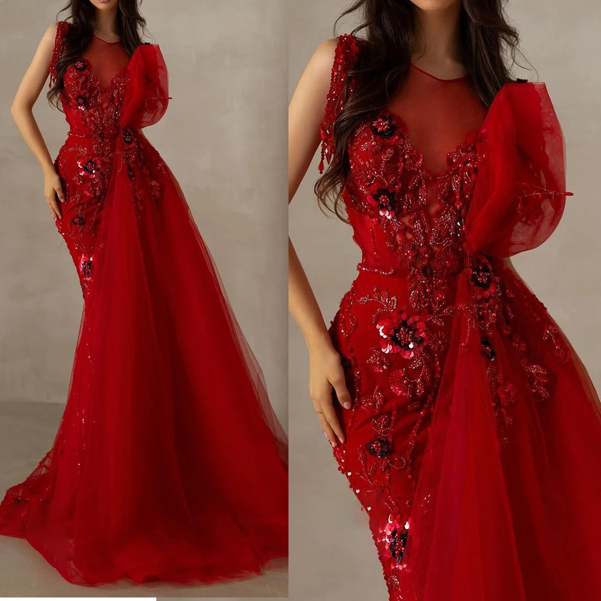 Red Prom Dresses 3D Floral Appliques Sheer O Neck Short Sleeves Evening Gowns Custom Made Sequined Party Club Dress
Red Prom Dresses 3D Floral Appliques Sheer O Neck Short Sleeves Evening Gowns Custom Made Sequined Party Club Dress