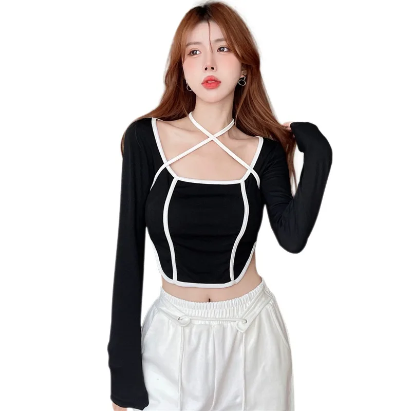 

Crisscross Long Sleeves Halter Tops Square Neck Color Block Top Blouse For Women