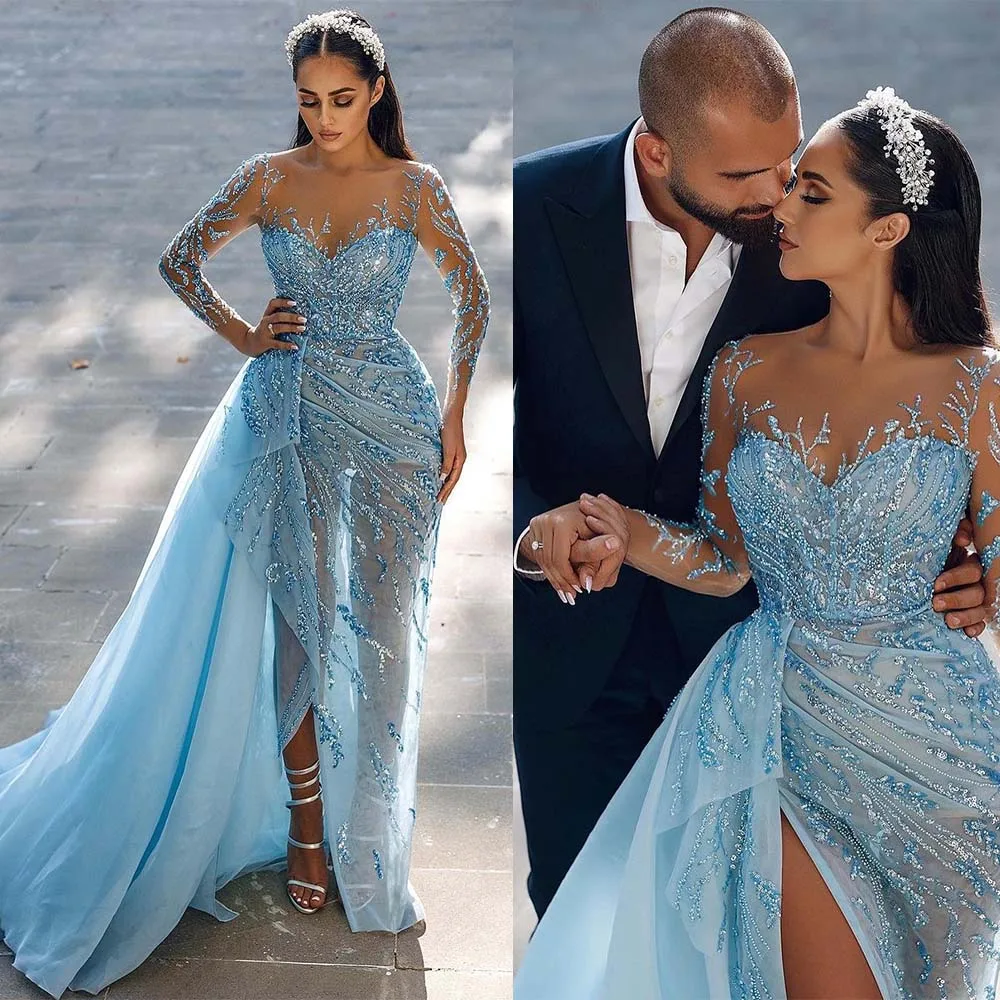 

Sky Blue Mermaid Prom Dresses Sheer O Neck Lace Appliques Long Sleeve Evening Dress Pageant Gown Party Birthday Club Robes