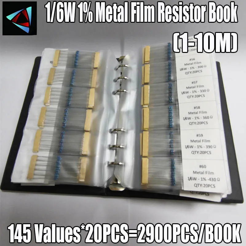 

2900Pcs/lot 145Values 1/6W 1% 1-10M Metal Film Resistors Assorted Pack Kit Set Lot Resistors Assortment Book Fixed Resistor Box