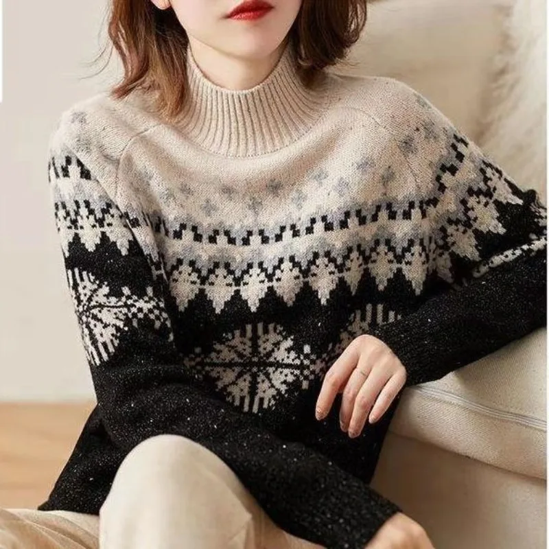 

Женский вязаный свитер в полоску, повседневный Свободный пуловер с длинным рукавом и полувысоким воротником в стиле ретро, Осень-зима