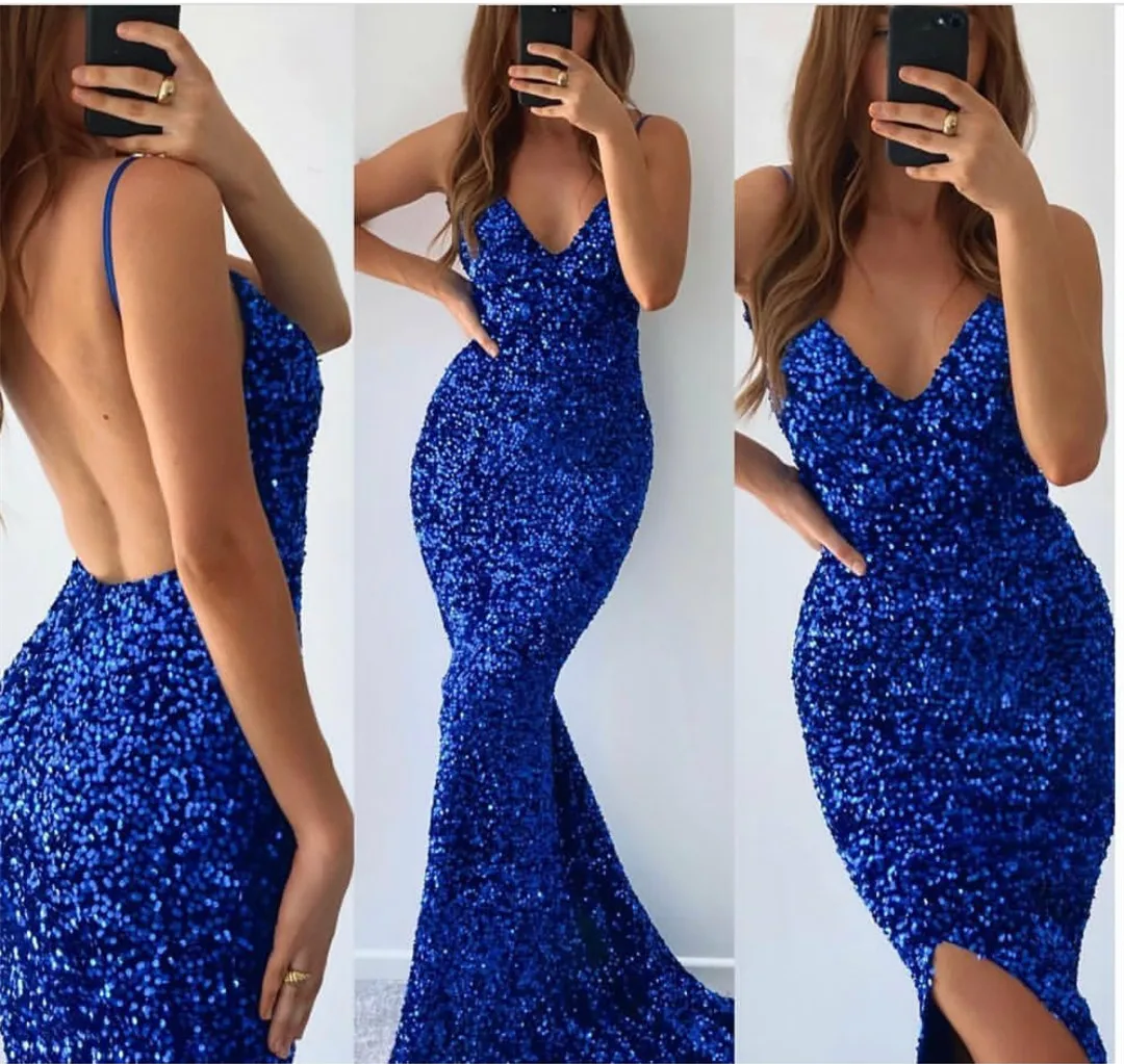 

Sexy Long Royal Blue Sequined فساتين السهرة Evening Dresses Mermaid Slit V-Neck Prom Party Gowns Robe De Soiree for Women