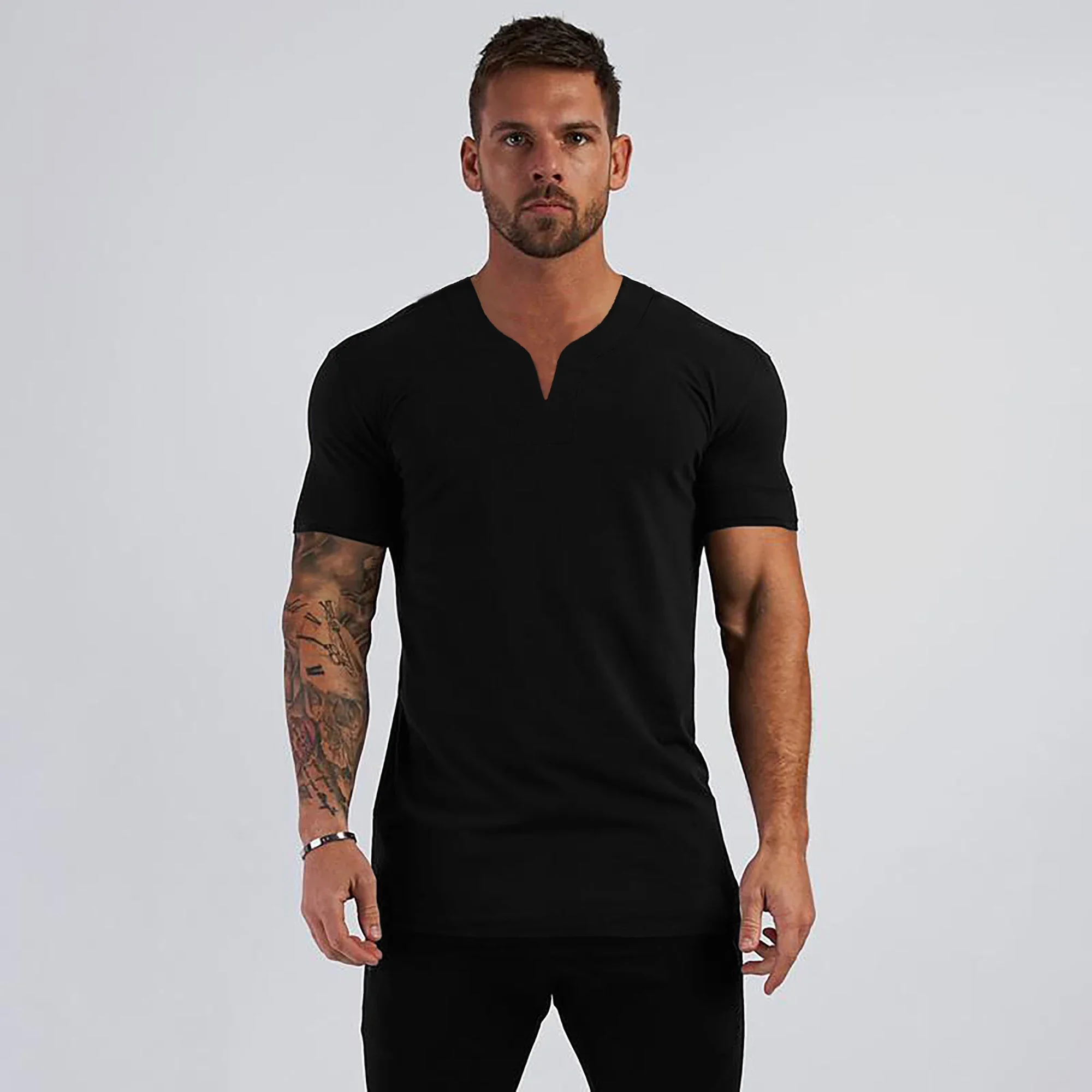 

A1901 Zomer Nieuwkomers V-hals Korte Mouw Heren T-shirt Slim Fit Fashion T-shirt Mannen Skinny Casual Gym Kleding fitness Tshirt