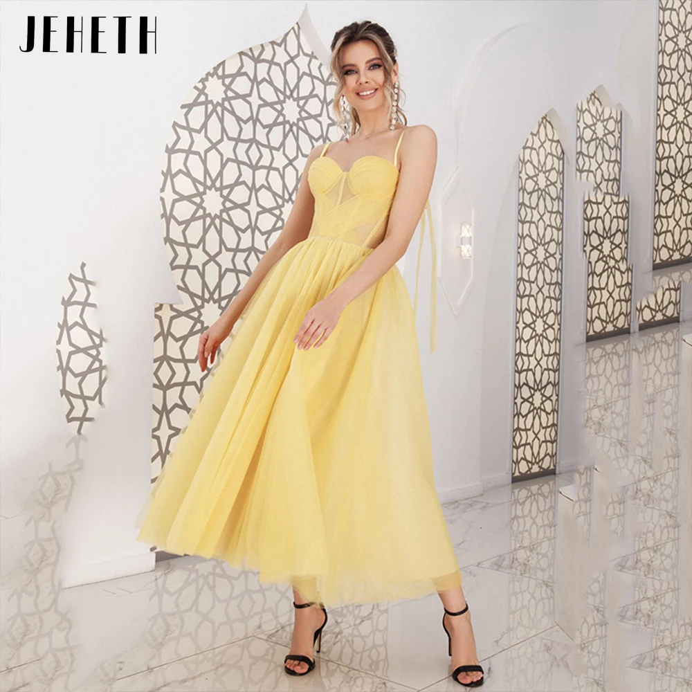 JEHETH Yellow Elegant Spaghetti Straps Tulle Prom Dress with Bow Simple Open Back Pleats Sweetheart A Line Evening Party Gown
JEHETH Yellow Elegant Spaghetti Straps Tulle Prom Dress with Bow Simple Open Back Pleats Sweetheart A Line Evening Party Gown