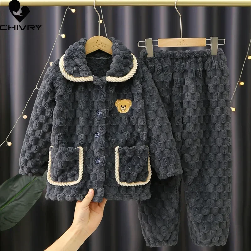 New Kids Boys Girls Autumn Winter Flannel Thicken Pajamas Baby Cartoon Bear Long Sleeve Lapel Sleeping Clothing Sets Pyjamas
New Kids Boys Girls Autumn Winter Flannel Thicken Pajamas Baby Cartoon Bear Long Sleeve Lapel Sleeping Clothing Sets Pyjamas