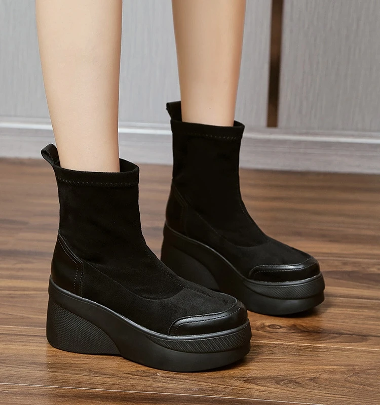 

Winter Boots Lady Boots-Women Female Shoes Clogs Platform Round Toe 2023 Lolita Rock Leather High Heel Rubber Autumn Wedge