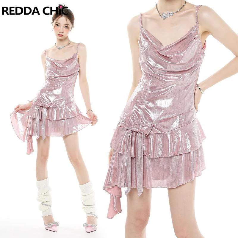 

ReddaChic Fairy Y2k Princess Dress Asymmetric Draped Layered Ruffles Miniskirt Metallic Glossy Pink Bowtie Aesthetic Girl Gowns