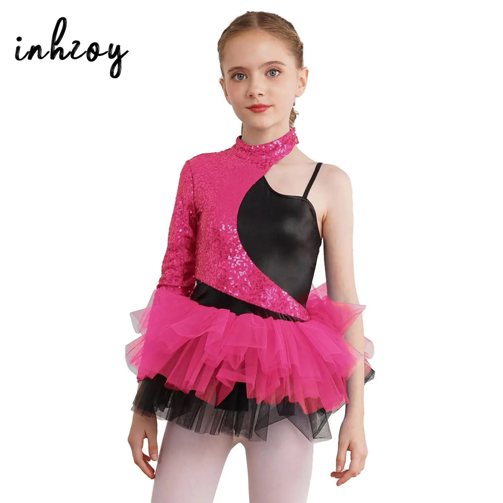

Kids Girls Shiny Sequins Dance Dress Tulle Tutu Skirt Ballet Gymnastics Leotard Figure Ice Skating Costume Jazz Latin Dancewear