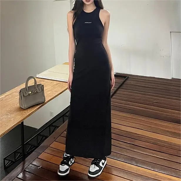 

Sexy Round Neck Bodycon Black Long Dress Sleeveless Slim Back Split Maxi Dress For Women Tight Sundress Clubwear Vestidos