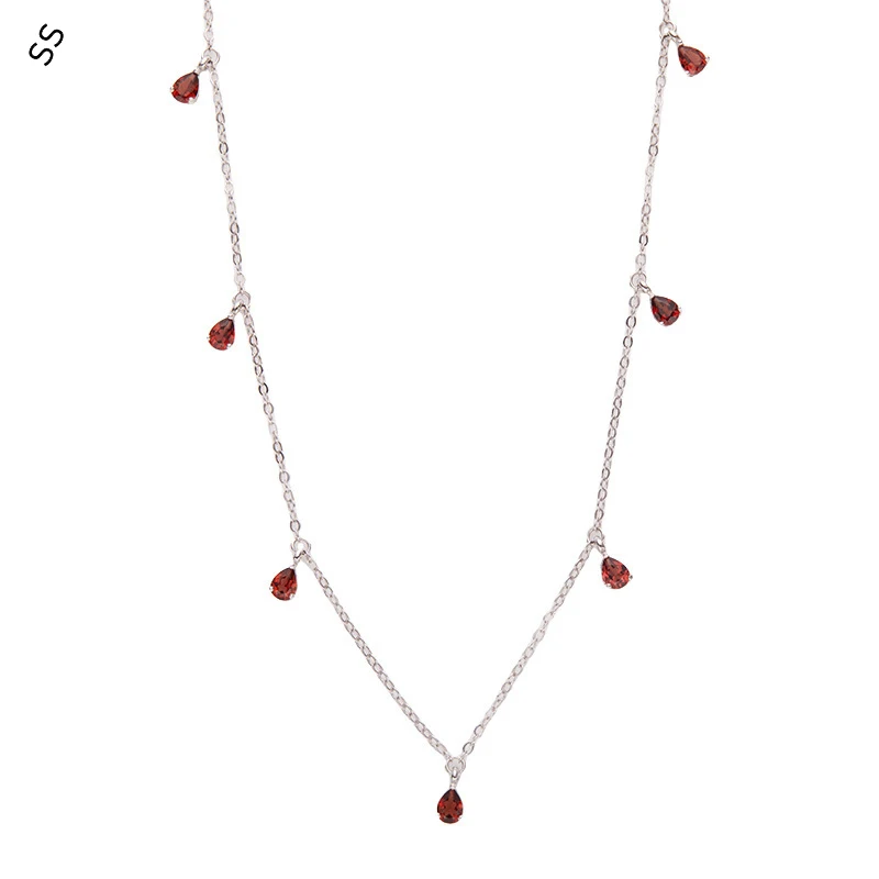 

Original Design Gemstone Clavicle Chain Female s925 Silver Inlaid Natural Garnet Personality Necklace Garment Accessories