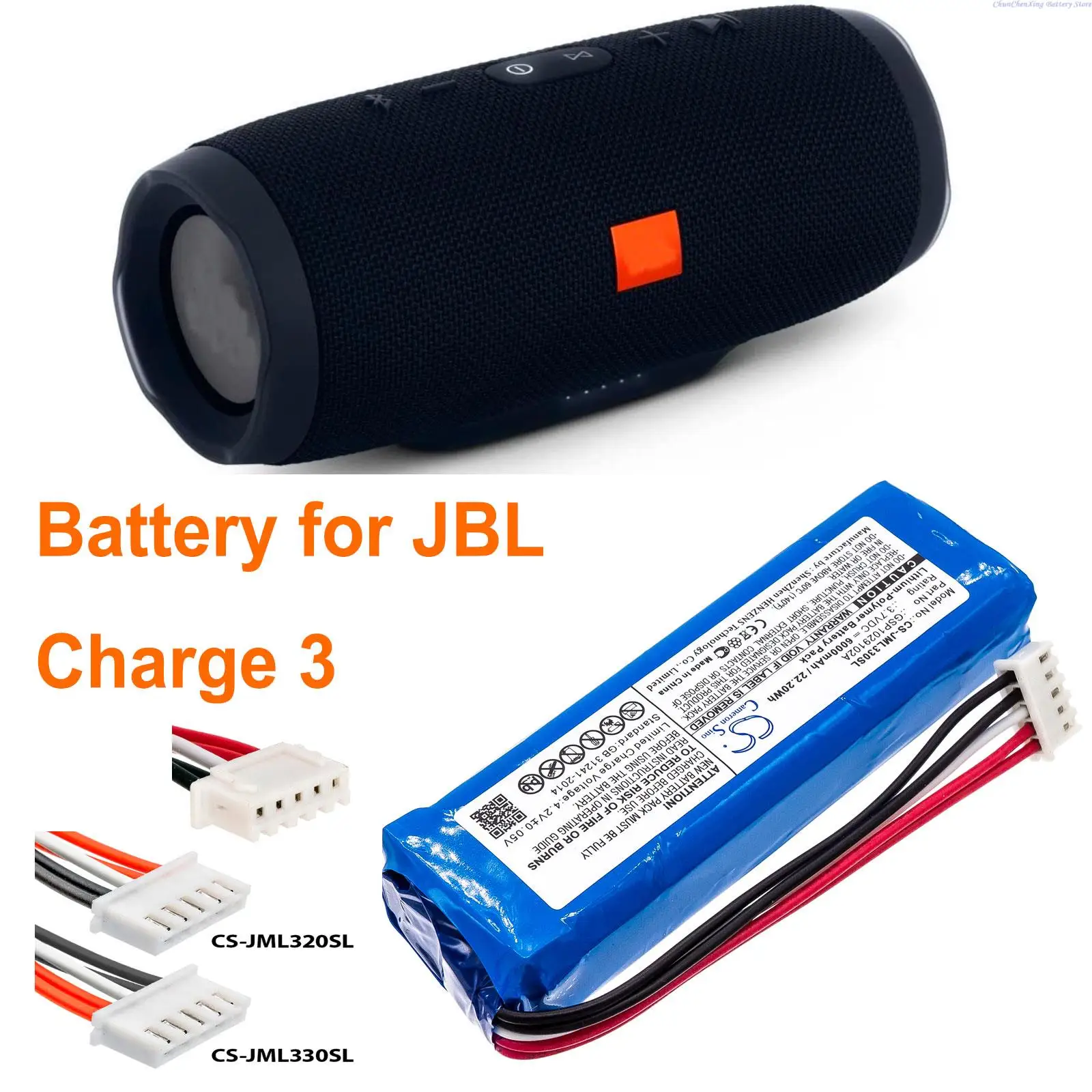 6000mAh Battery GSP1029102A(CS-JML330SL) for JBL Charge 3, please double check the place of 2 red and 2 black wires
6000mAh Battery GSP1029102A(CS-JML330SL) for JBL Charge 3, please double check the place of 2 red and 2 black wires