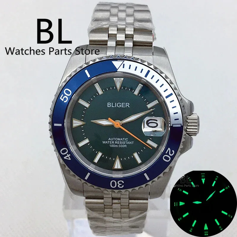 

BLIGER 40mm Japan NH35A Automatic Watch For Men Blue Dial Orange Second Hand Date Green Luminous Sapphire Glass Steel Bracelet