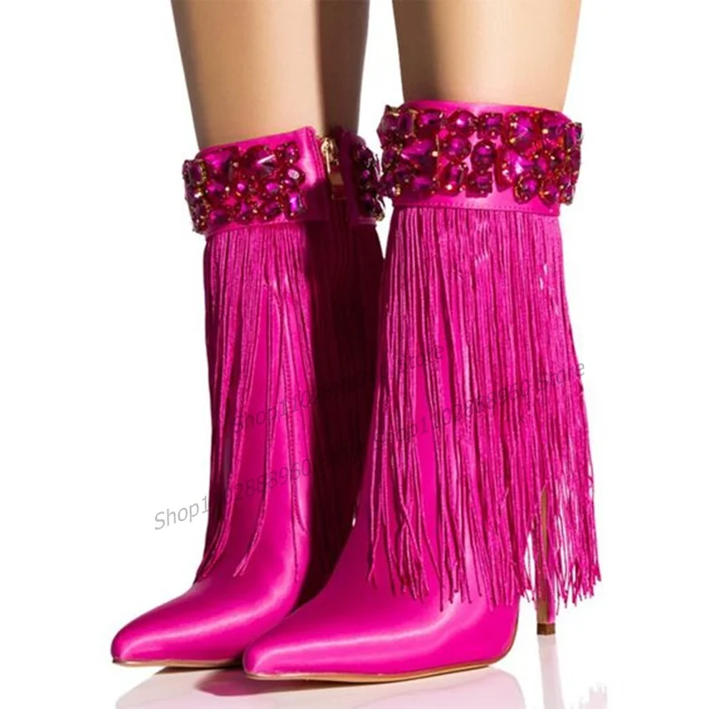 Rose Red Mid Calf Fringe Crystal Decor Boots Stilettos High Heel Women Shoes Side Zipper Pointed Toe 2023 Zapatos Para Mujere
Rose Red Mid Calf Fringe Crystal Decor Boots Stilettos High Heel Women Shoes Side Zipper Pointed Toe 2023 Zapatos Para Mujere