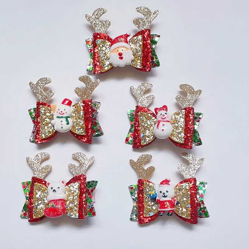 

20pcs Glitter Reindeer Ear Hair Bow Hairpins Snowman Bear Santa Claus Barrettes Fashion Xmas Headwear Boutique Hair Accessories