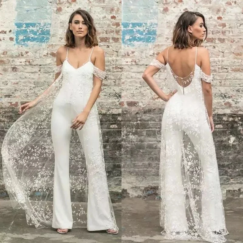 

Boho V-Neck Wedding Jumpsuit Lace Applqiues Tulle Backless Pants Sets For Brides Zipper Off The Shoulder Vestidos De Novia