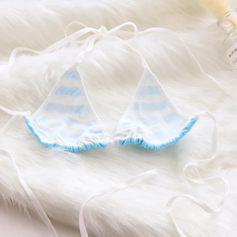 Ensemble soutien-gorge et culotte en coton sans couture pour femmes, lingerie sexy, bikini Kawaii, sangle à lacets, sous-vêtements féminins imbibés rayés bleus et blancs, 2 pièces 3